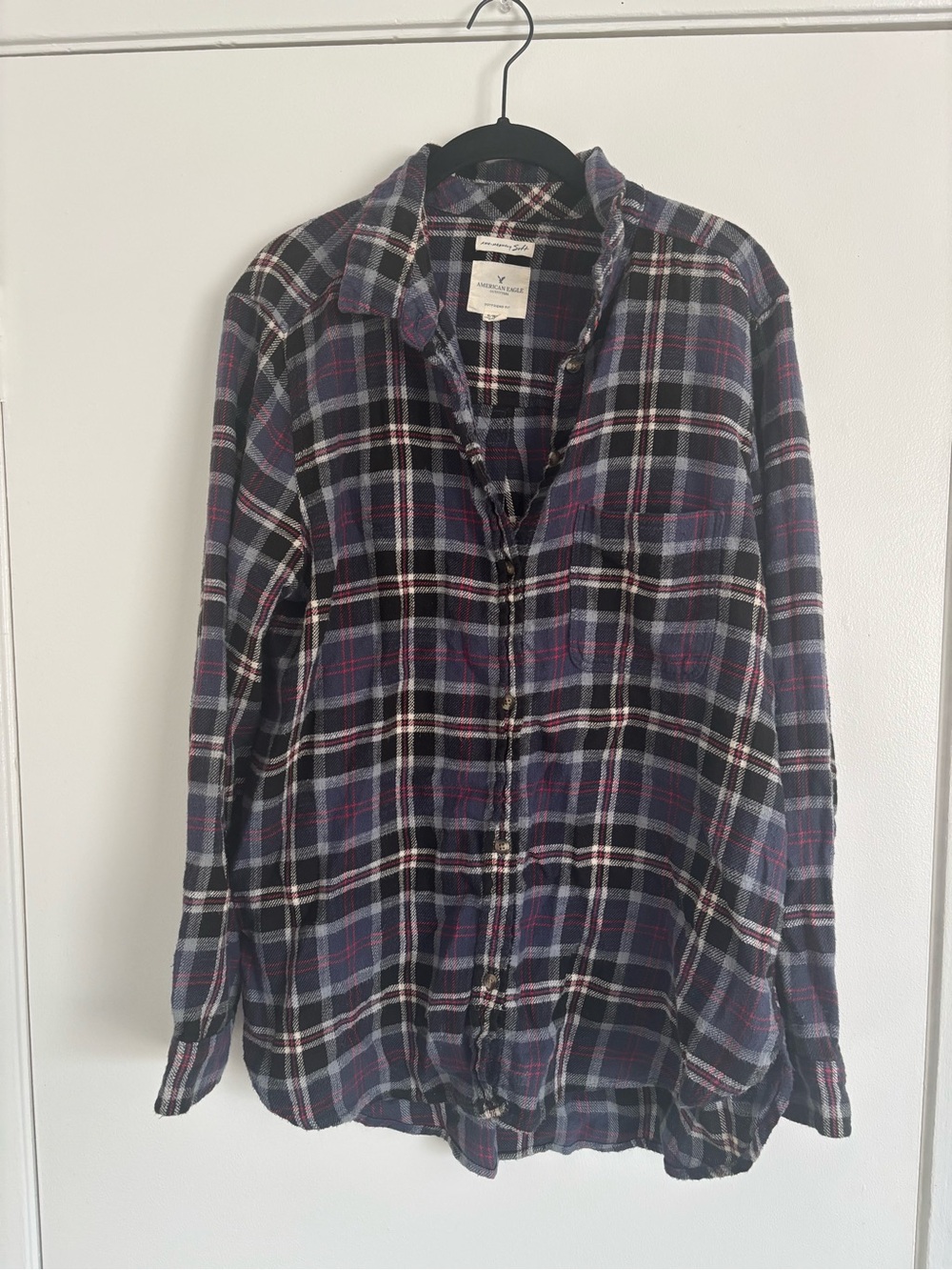American Eagle Outfitters Navy and Black Plaid Button-Down Shirt